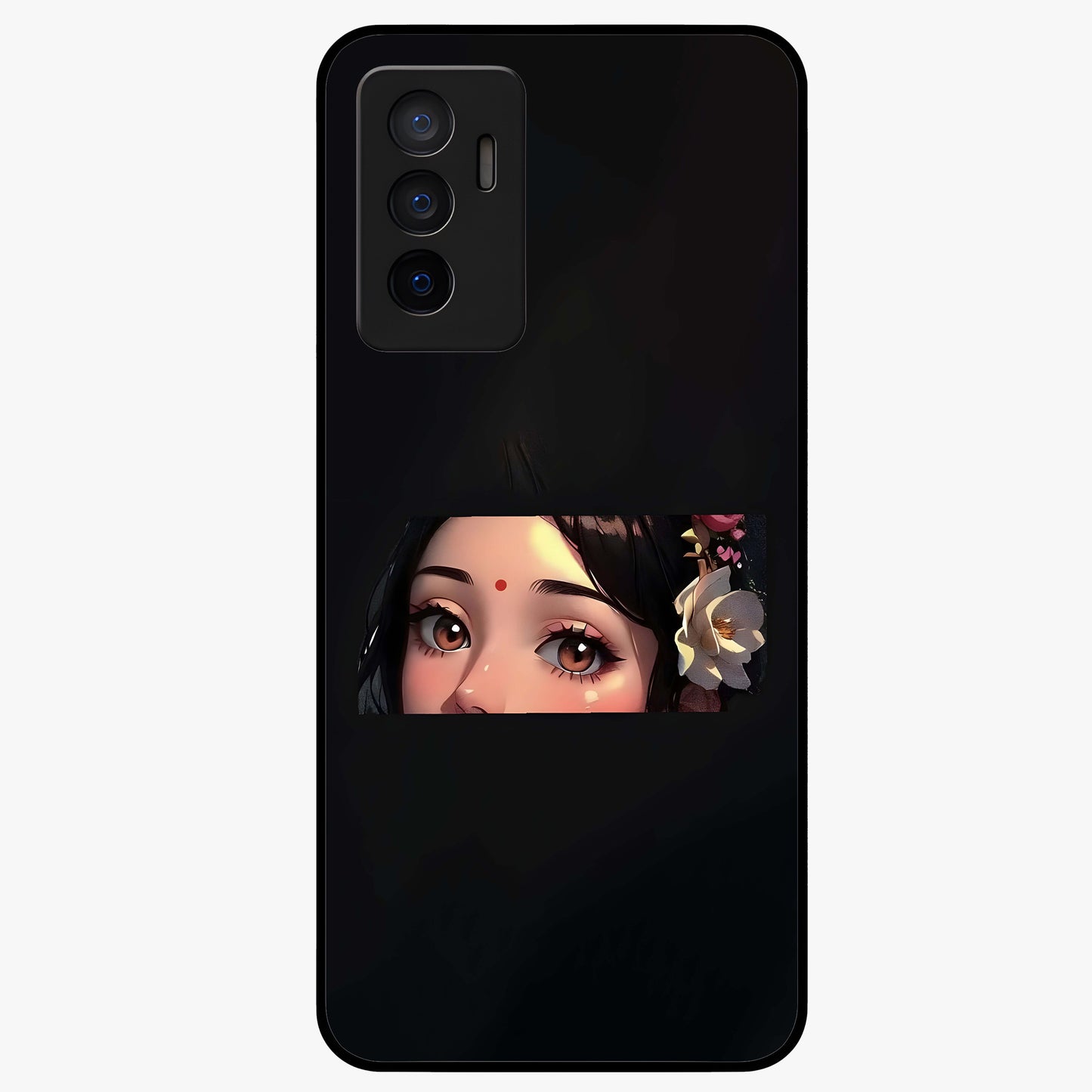Radha Divine Embrace Glass Case showing flat back view with devotional Radha artwork and glossy glass finish.