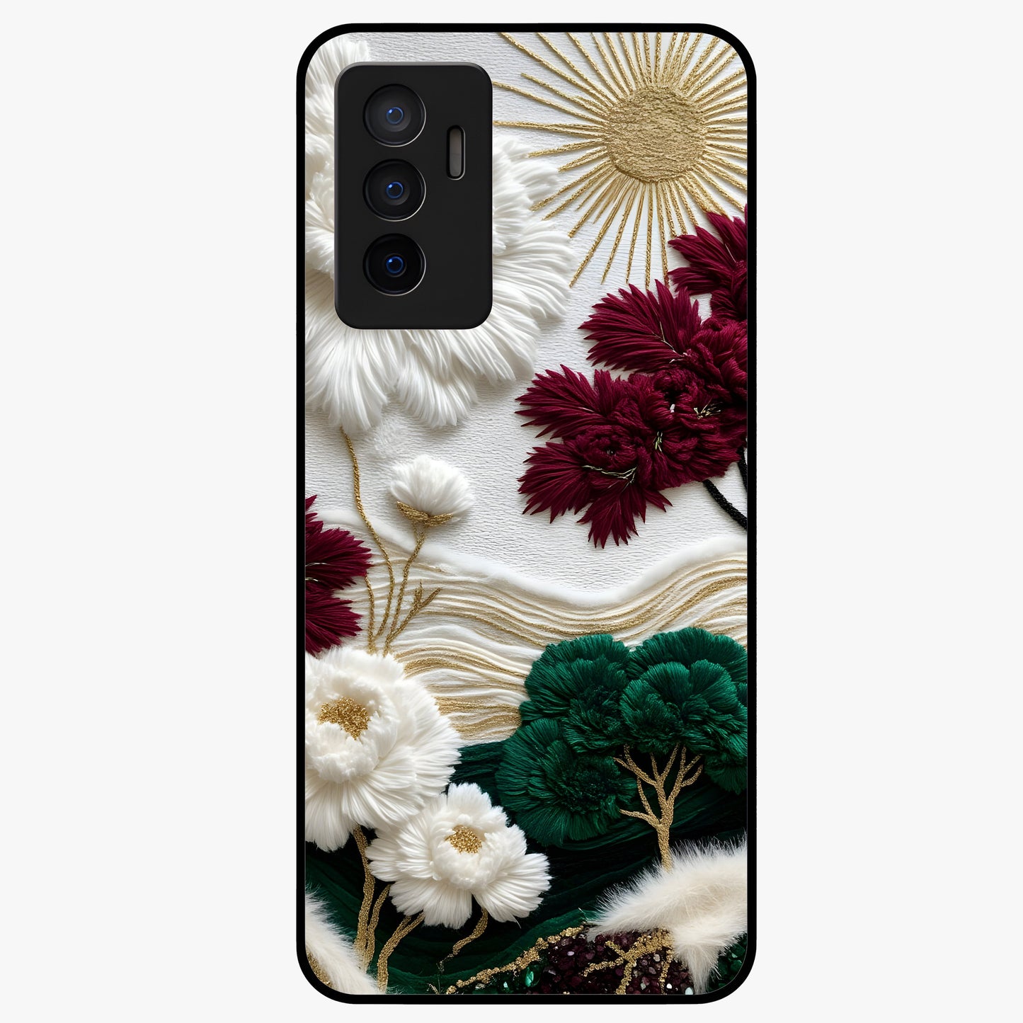 Radiant Bloom Elegance Glass Case showing flat back view with elegant blooming flower artwork and glossy glass finish.