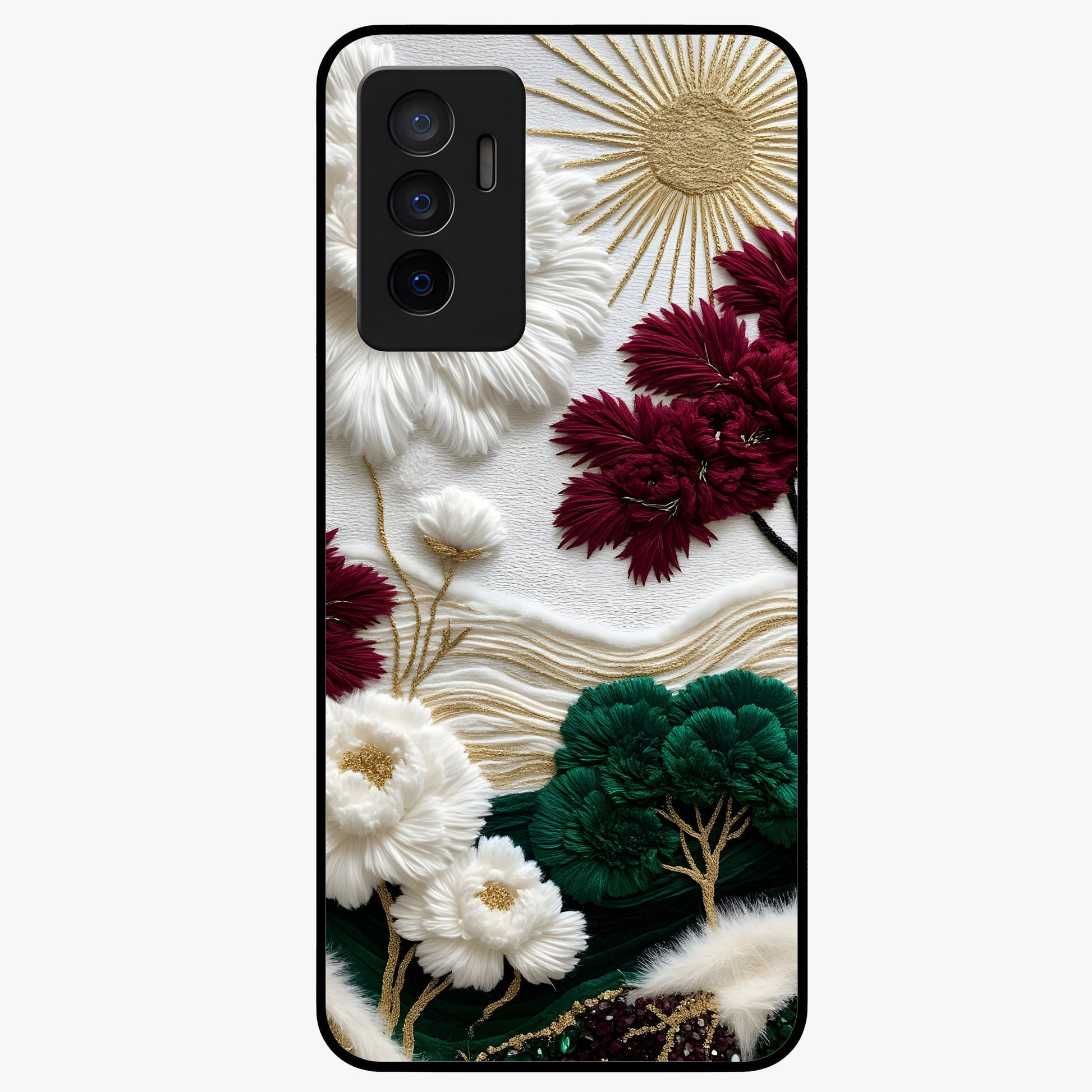 Radiant Bloom Elegance Glass Case showing flat back view with elegant blooming flower artwork and glossy glass finish.
