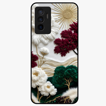 Radiant Bloom Elegance Glass Case showing flat back view with elegant blooming flower artwork and glossy glass finish.
