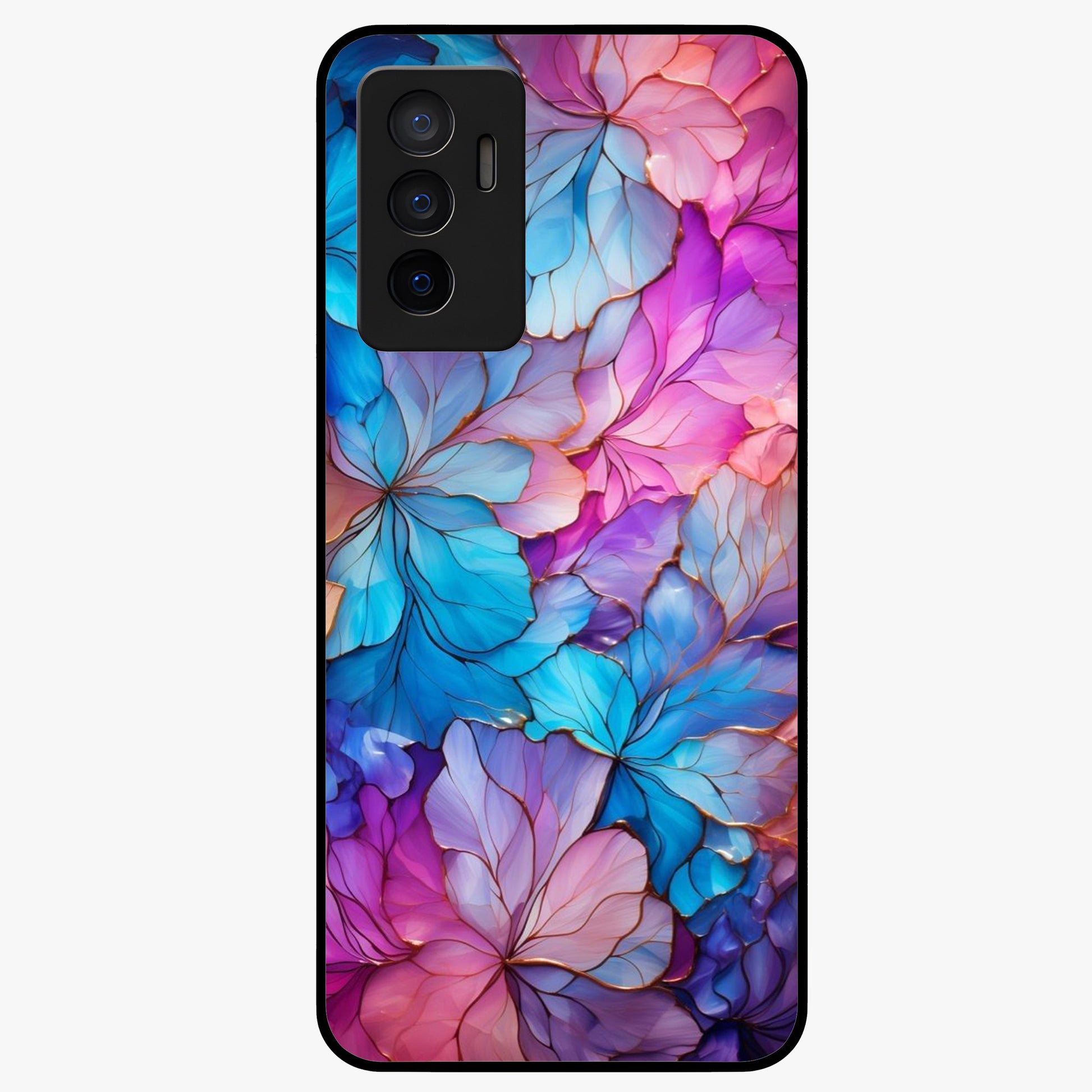 Radiant Floral Whirl Glass Case showing flat back view with swirling floral artwork and glossy glass finish.