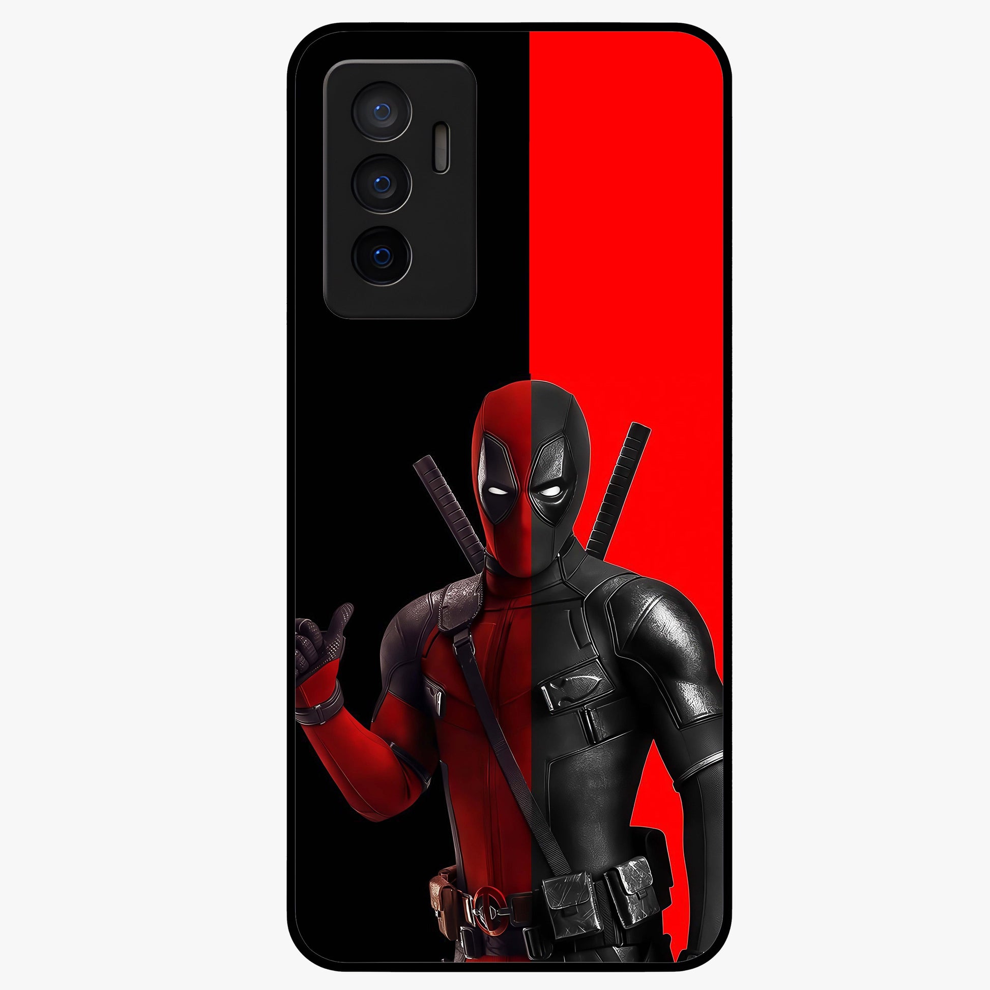 Red & Black Deadpool Theme Glass Case showing flat back view with bold comic inspired artwork and glossy glass finish.