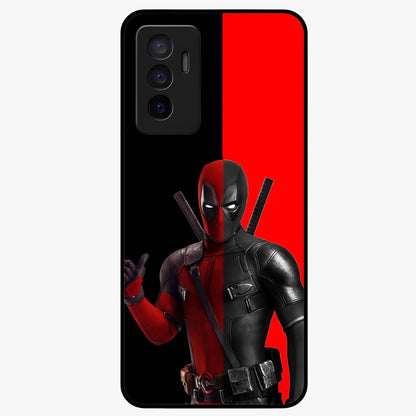 Red & Black Deadpool Theme Glass Case showing flat back view with bold comic inspired artwork and glossy glass finish.