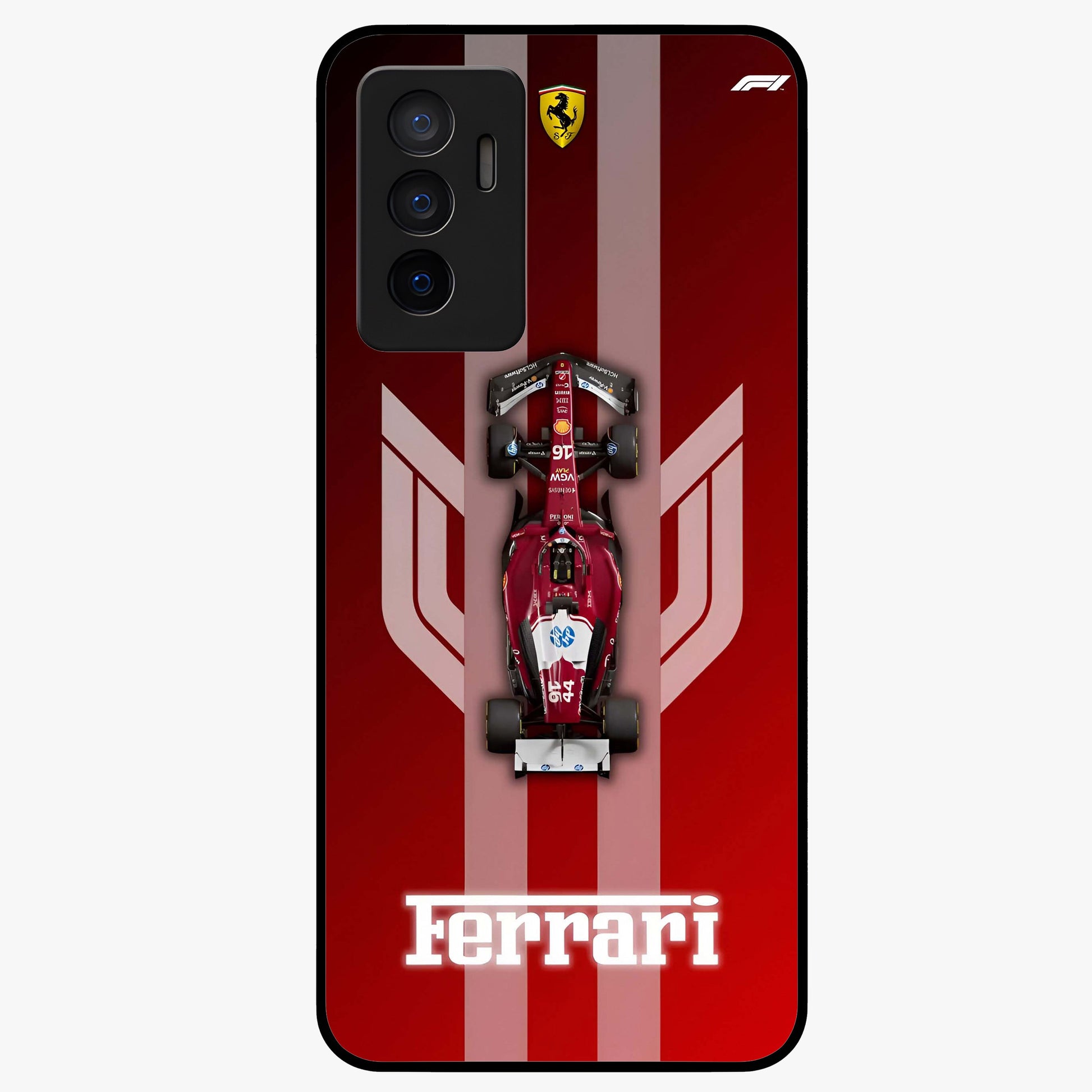 Red Ferrari F1 Vertical Glass Case showing flat back view with sleek Formula racing car artwork and glossy glass finish.