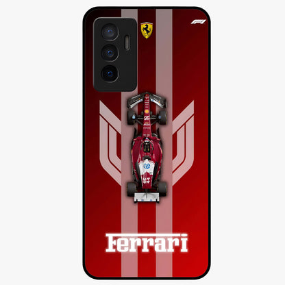 Red Ferrari F1 Vertical Glass Case showing flat back view with sleek Formula racing car artwork and glossy glass finish.