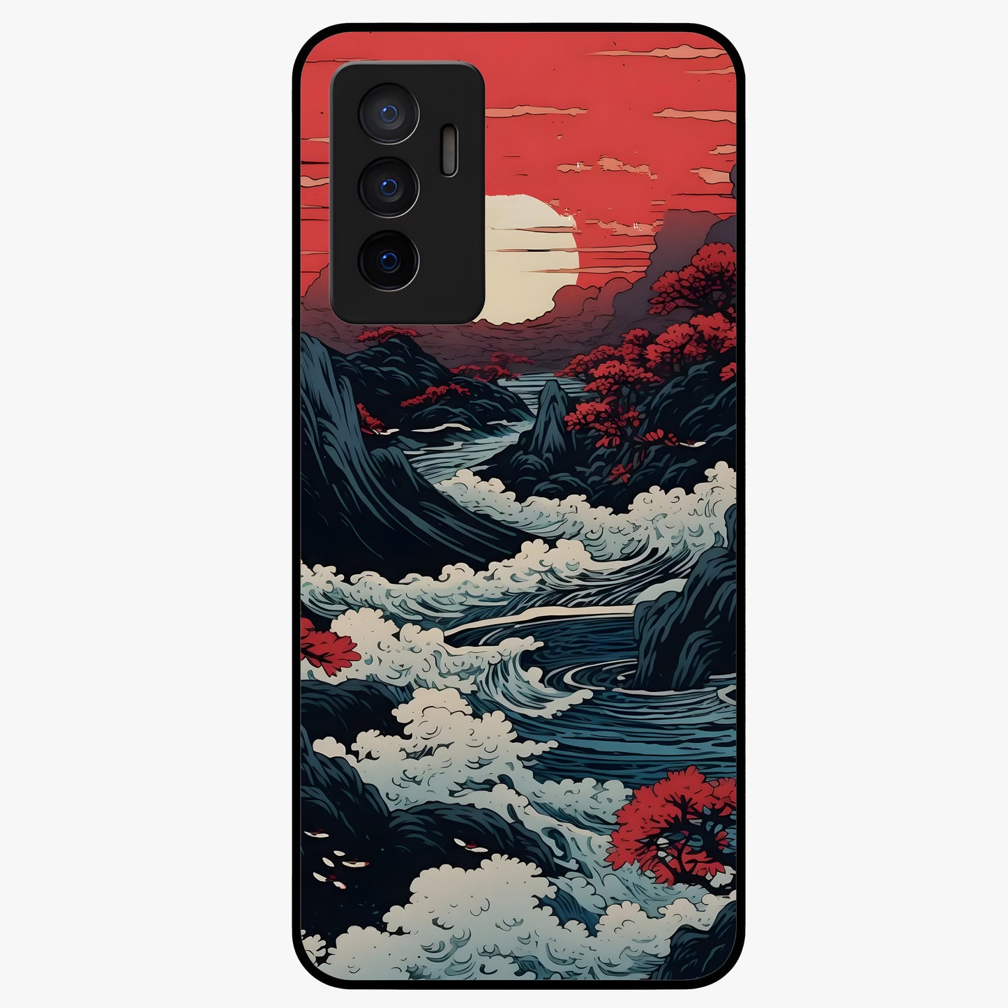Red Sunset Scenery Glass Case showing flat back view with vibrant sunset landscape artwork and glossy glass finish.