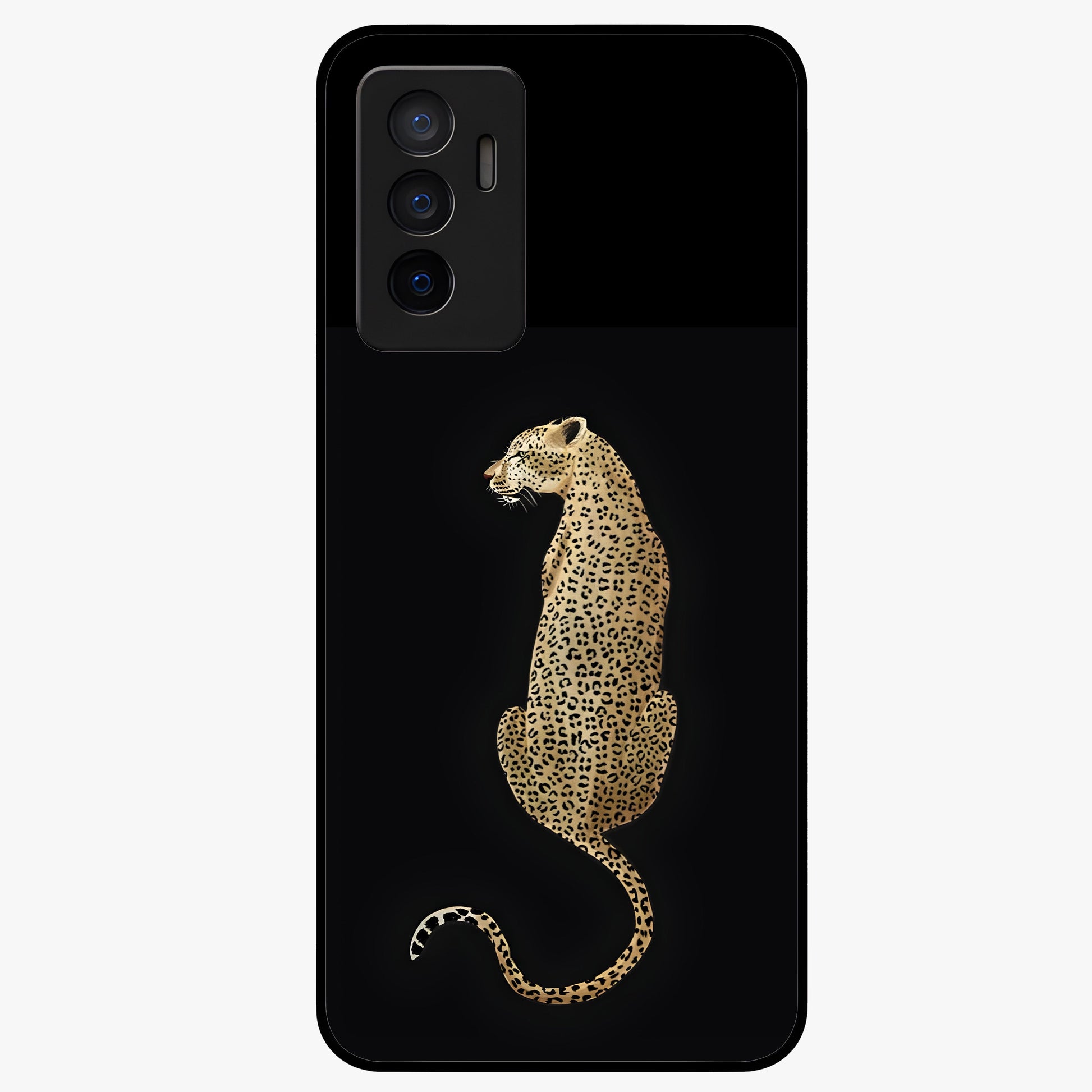 Regal Leopard Glass Case showing flat back view with bold leopard artwork and glossy glass finish.