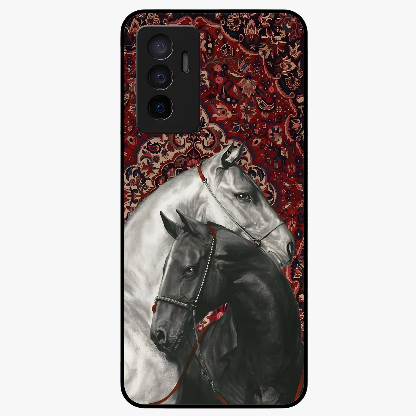 Regal Stallion Tapestry Glass Case showing flat back view with majestic horse tapestry artwork and glossy glass finish.