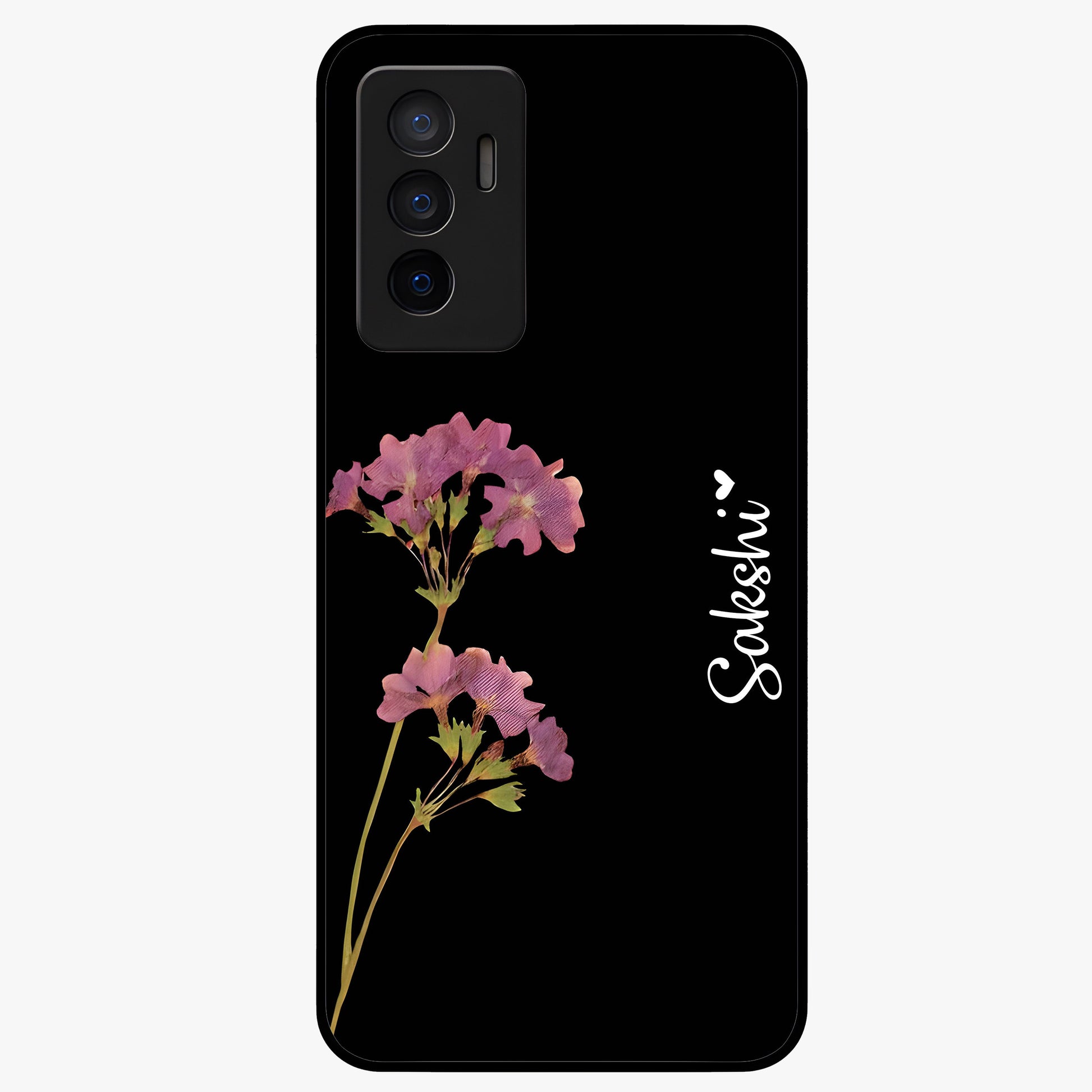 Riching Lavender Flower Custom Name Glass Case showing flat back view with lavender floral artwork and personalized name design.