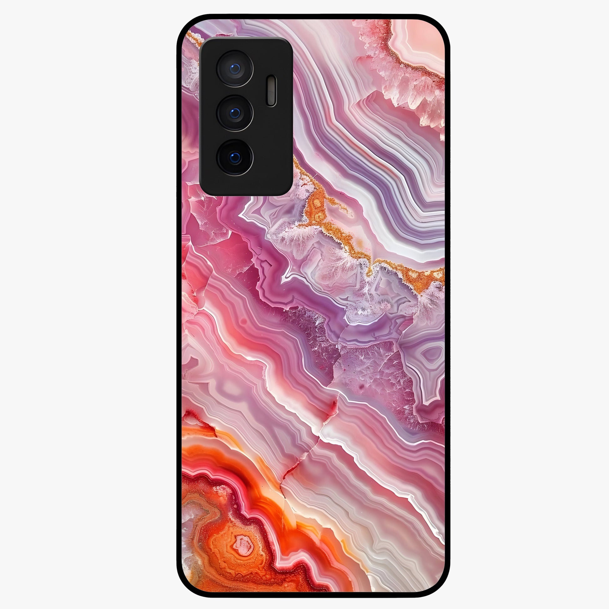 Rose Quartz Marble Glass Case showing flat back view with pink marble quartz texture artwork and glossy glass finish.