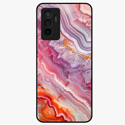 Rose Quartz Marble Glass Case showing flat back view with pink marble quartz texture artwork and glossy glass finish.