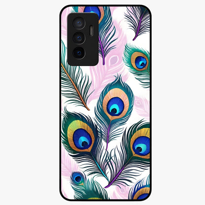 Royal Peacock Feathers Glass Case showing flat back view with colorful peacock feather artwork and glossy glass finish.