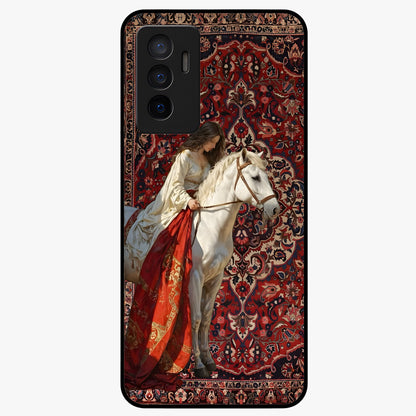 Royal Rider Tapestry Glass Case showing flat back view with majestic horse rider tapestry artwork and glossy glass finish.