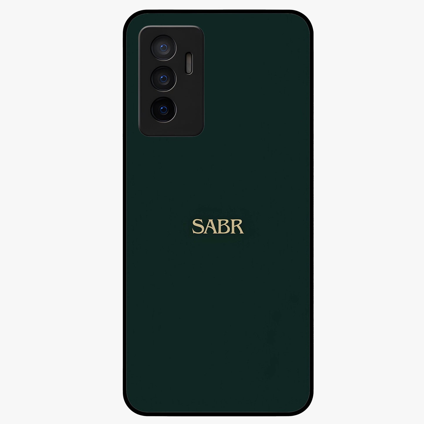Sabr Minimal Patience Glass Case showing flat back view with minimalist typography artwork and glossy glass finish.