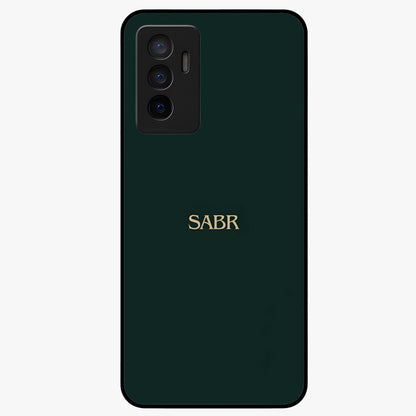 Sabr Minimal Patience Glass Case showing flat back view with minimalist typography artwork and glossy glass finish.