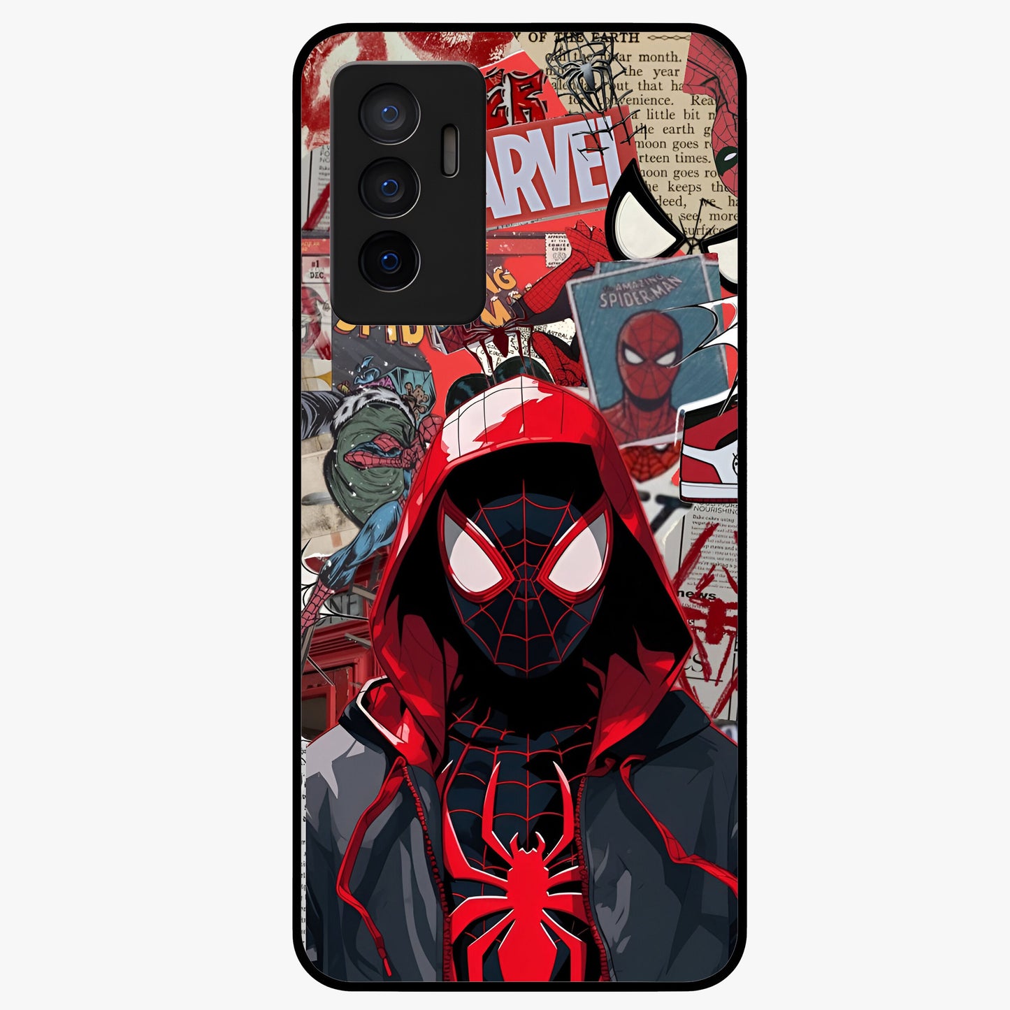 Spider Collage Street Glass Case showing flat back view with vibrant superhero collage artwork and glossy glass finish.