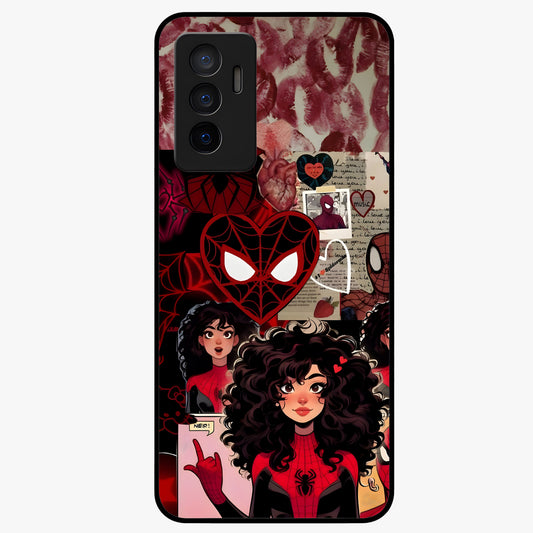 Spider Love Story Glass Case showing flat back view with romantic superhero themed artwork and glossy glass finish.