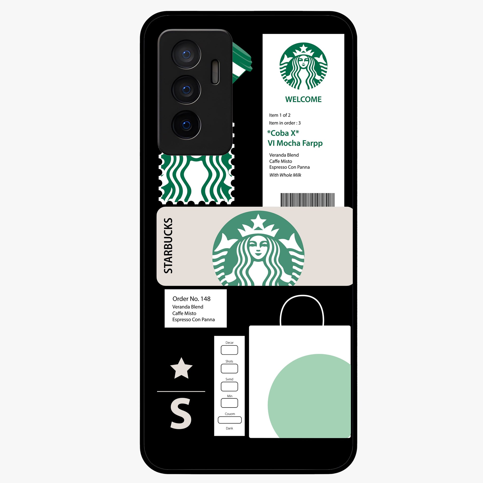 Starbucks Mocha Glass Case showing flat back view with coffee inspired artwork and glossy glass finish.