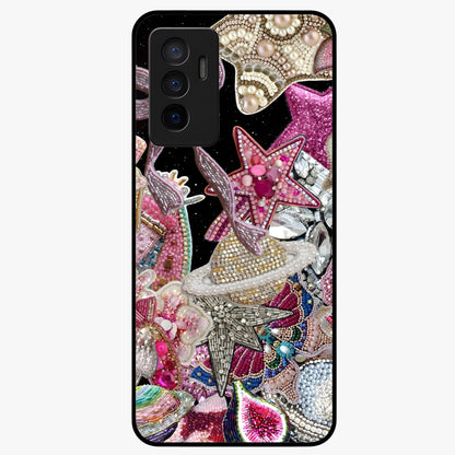 Starlit Jewel Dream Glass Case showing flat back view with sparkling jewel and star themed artwork and glossy glass finish.