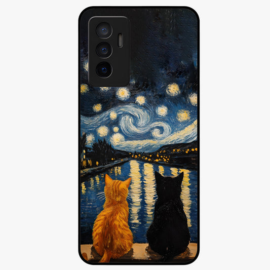 Starry River Cats Glass Case showing flat back view with cats by a starry river artwork and glossy glass finish.