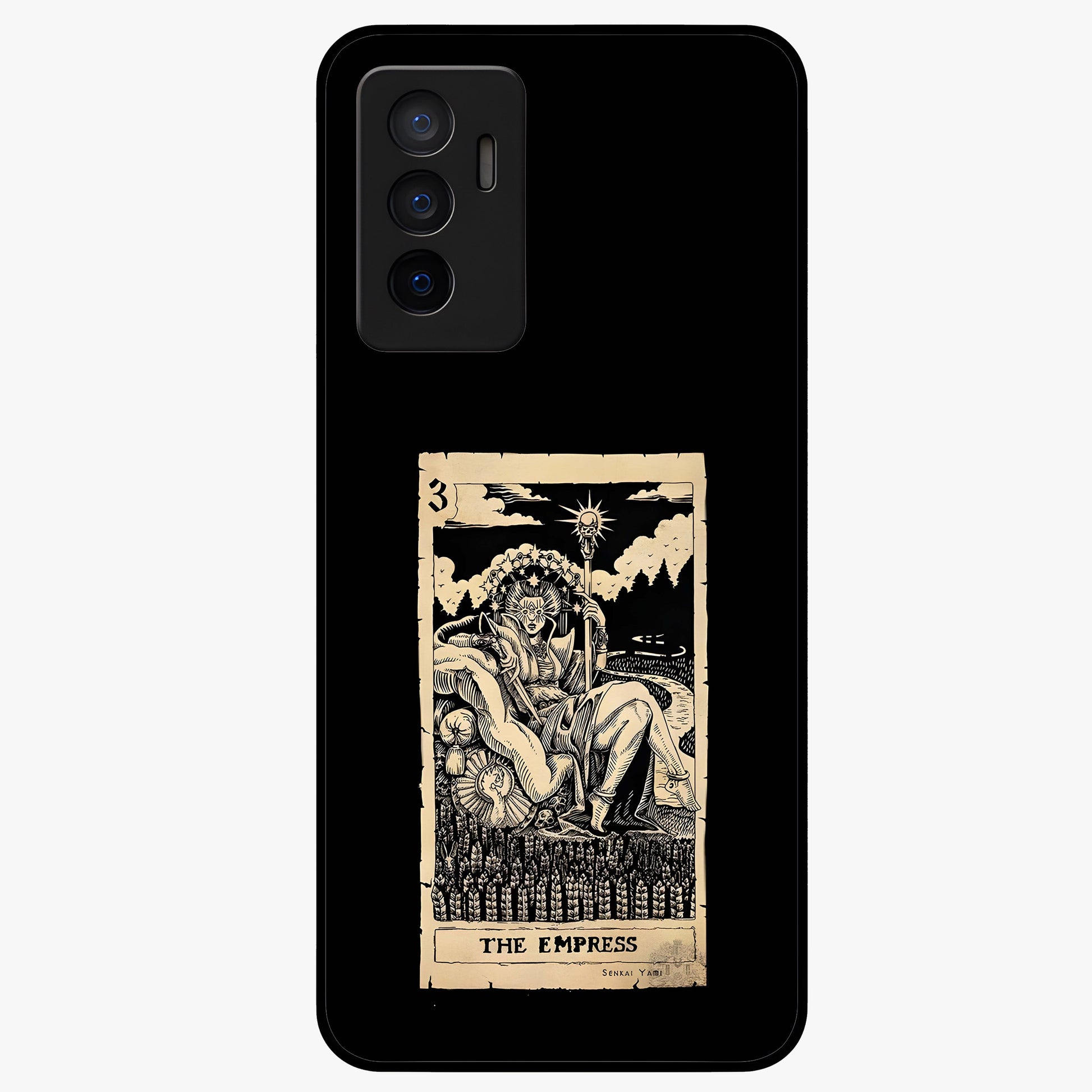 The Empress Glass Case showing flat back view with regal feminine artwork and glossy glass finish.
