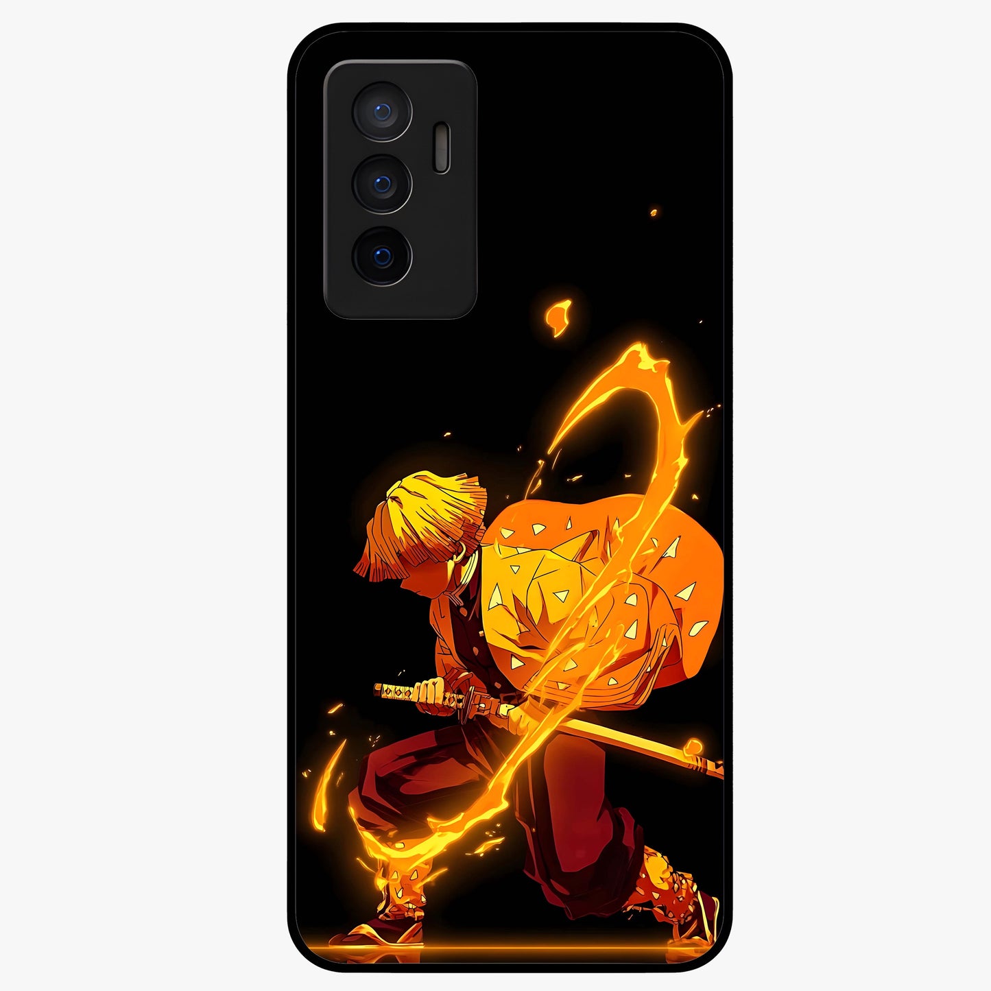 Thunder Flame Execution Glass Case showing flat back view with powerful flame and lightning artwork and glossy glass finish.