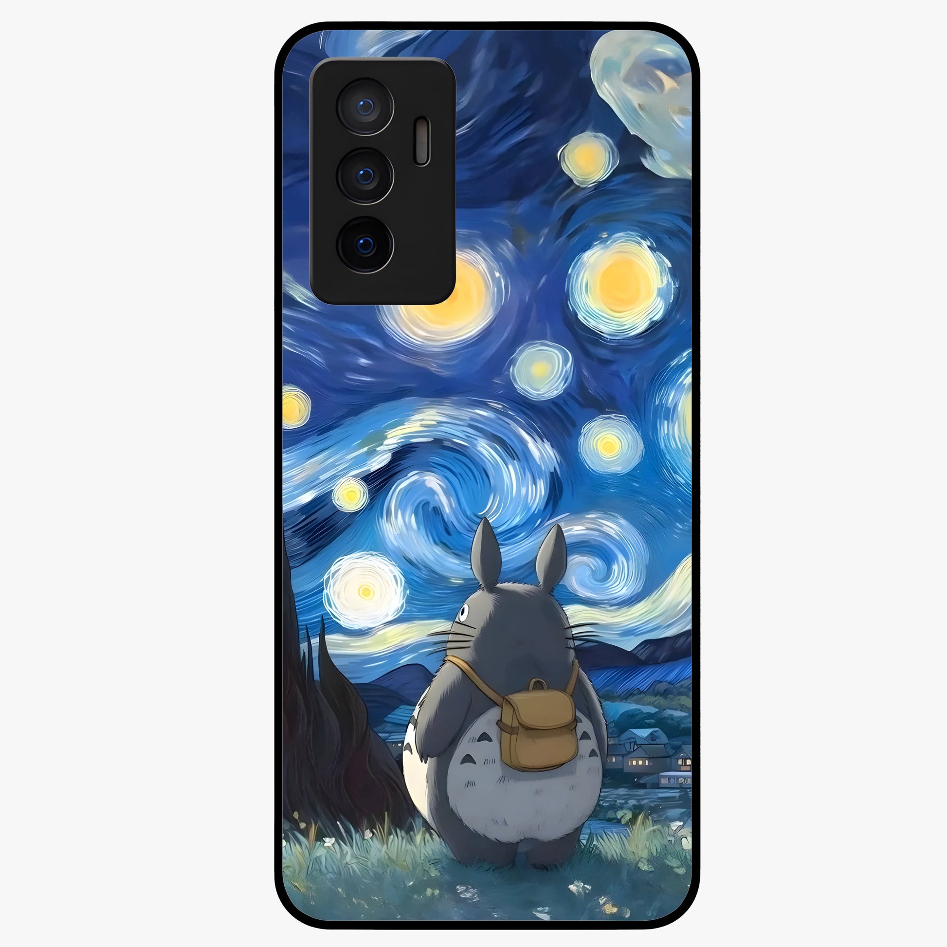 Totoro In Van Gogh Art Glass Case showing flat back view with whimsical character artwork inspired by Van Gogh style and glossy glass finish.