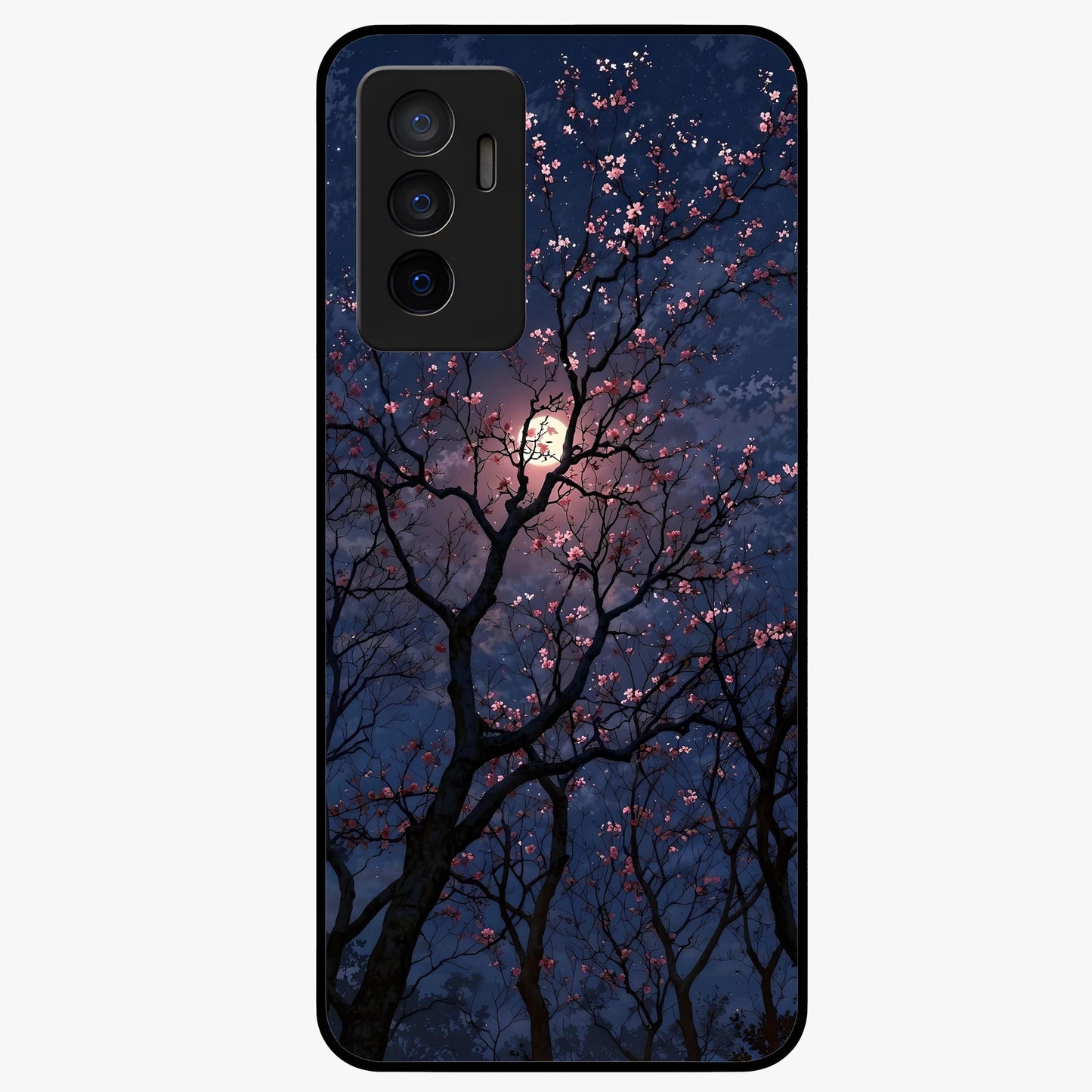 Twilight Sakura Serenade Glass Case showing flat back view with cherry blossom artwork at twilight and glossy glass finish.