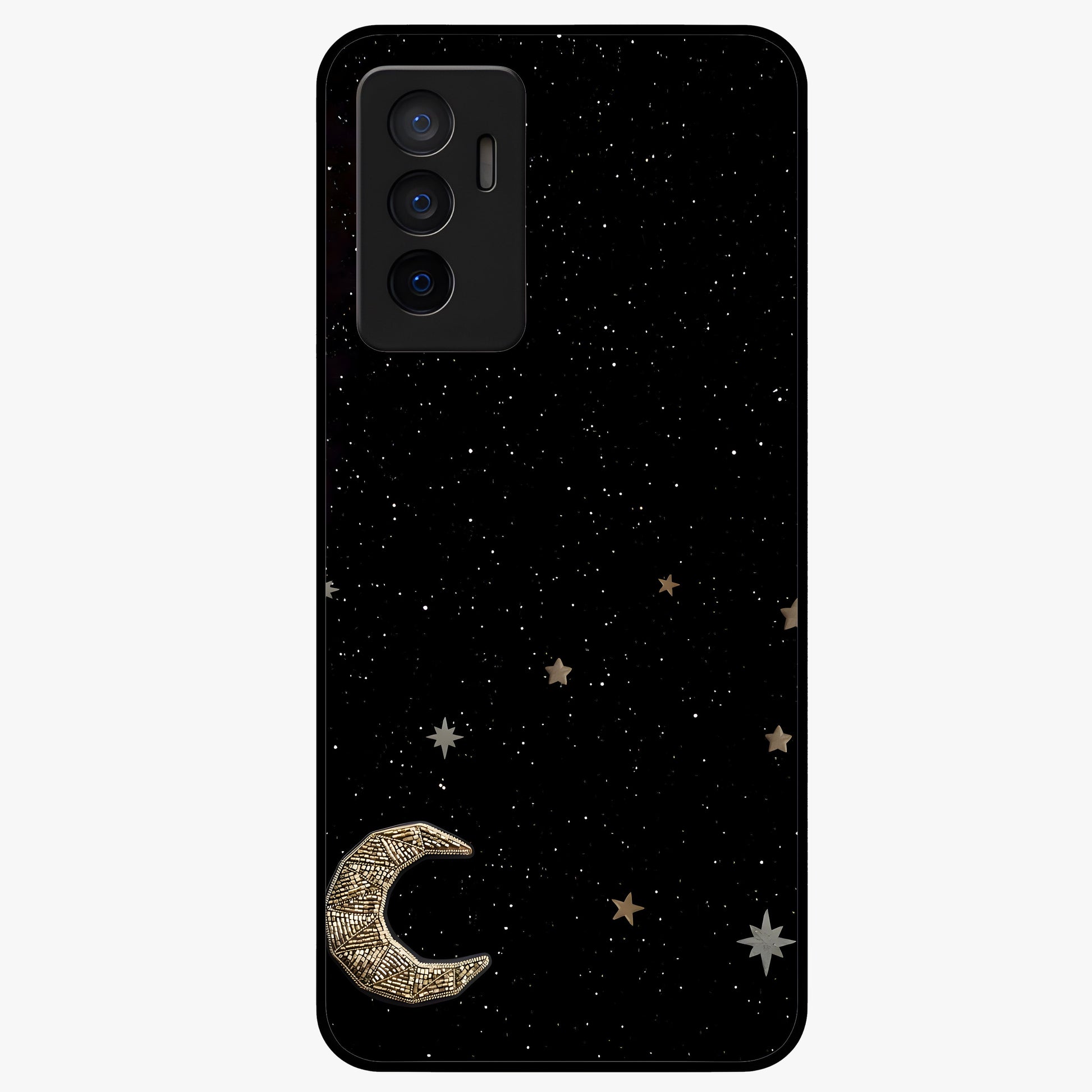 Twinkle Star With Half Moon Glass Case showing flat back view with star and half moon artwork and glossy glass finish.
