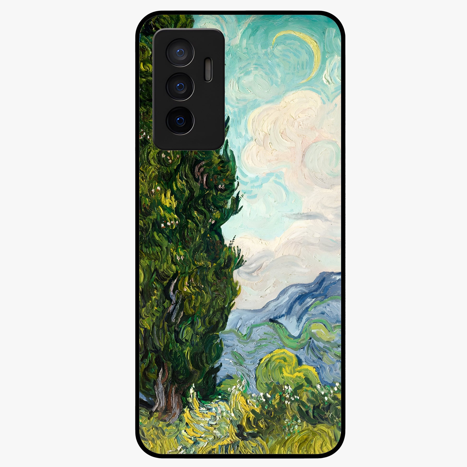 Van Gogh Vintage Art Glass Case showing flat back view with vintage painterly artwork inspired by Van Gogh style and glossy glass finish.