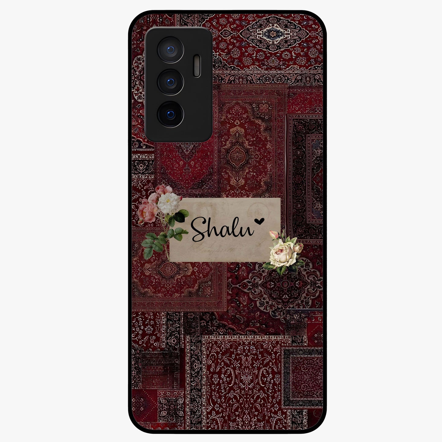 Velvet Wine Pattern Custom Name Glass Case showing flat back view with elegant wine colored pattern artwork and personalized name design.