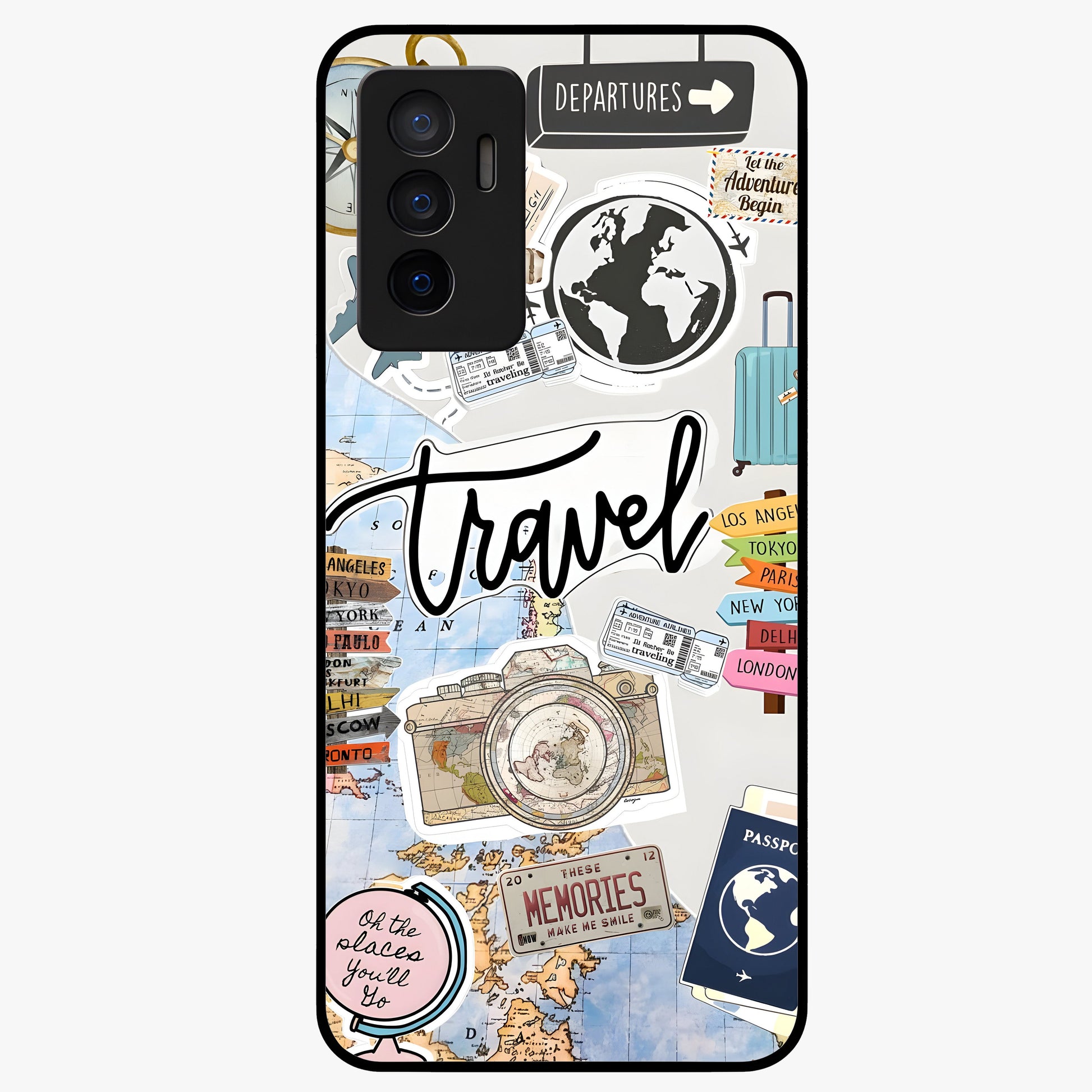 Wanderlust Journal Glass Case showing flat back view with travel inspired artwork and glossy glass finish.