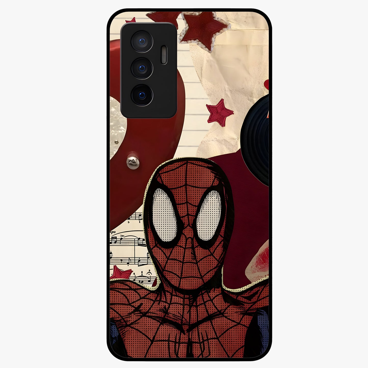 Web Warrior Vibes Glass Case showing flat back view with superhero inspired web themed artwork and glossy glass finish.