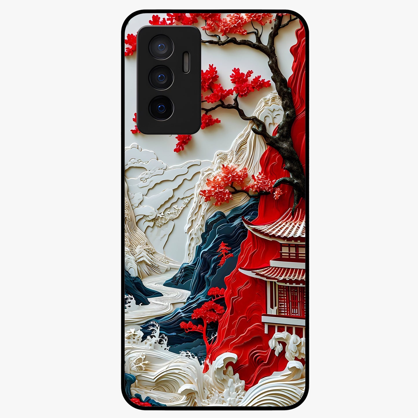 Whispers Of Sakura Waves Glass Case showing flat back view with cherry blossom wave artwork and glossy glass finish.