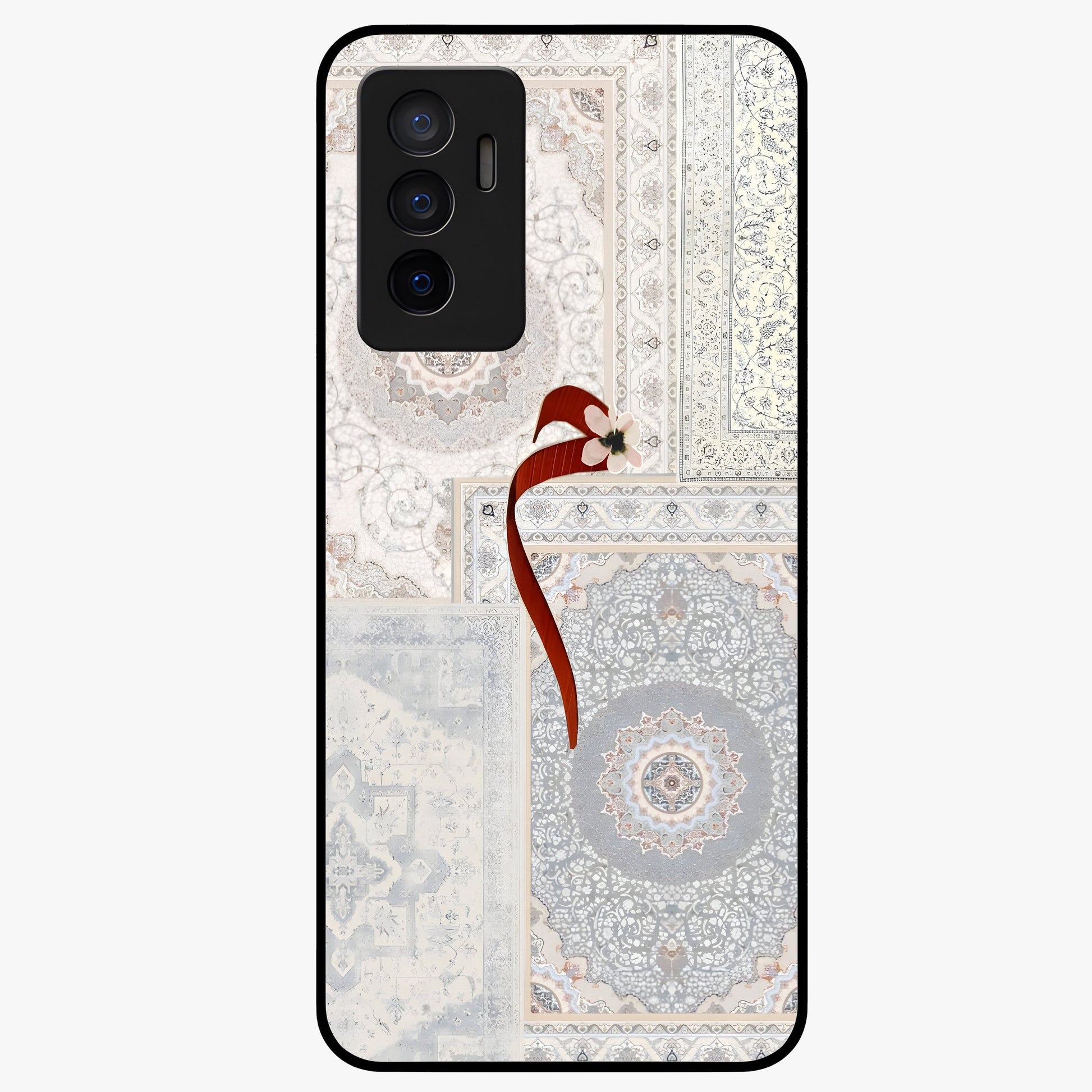 White Aesthetic Bow Glass Case showing flat back view with minimal bow artwork and glossy glass finish.