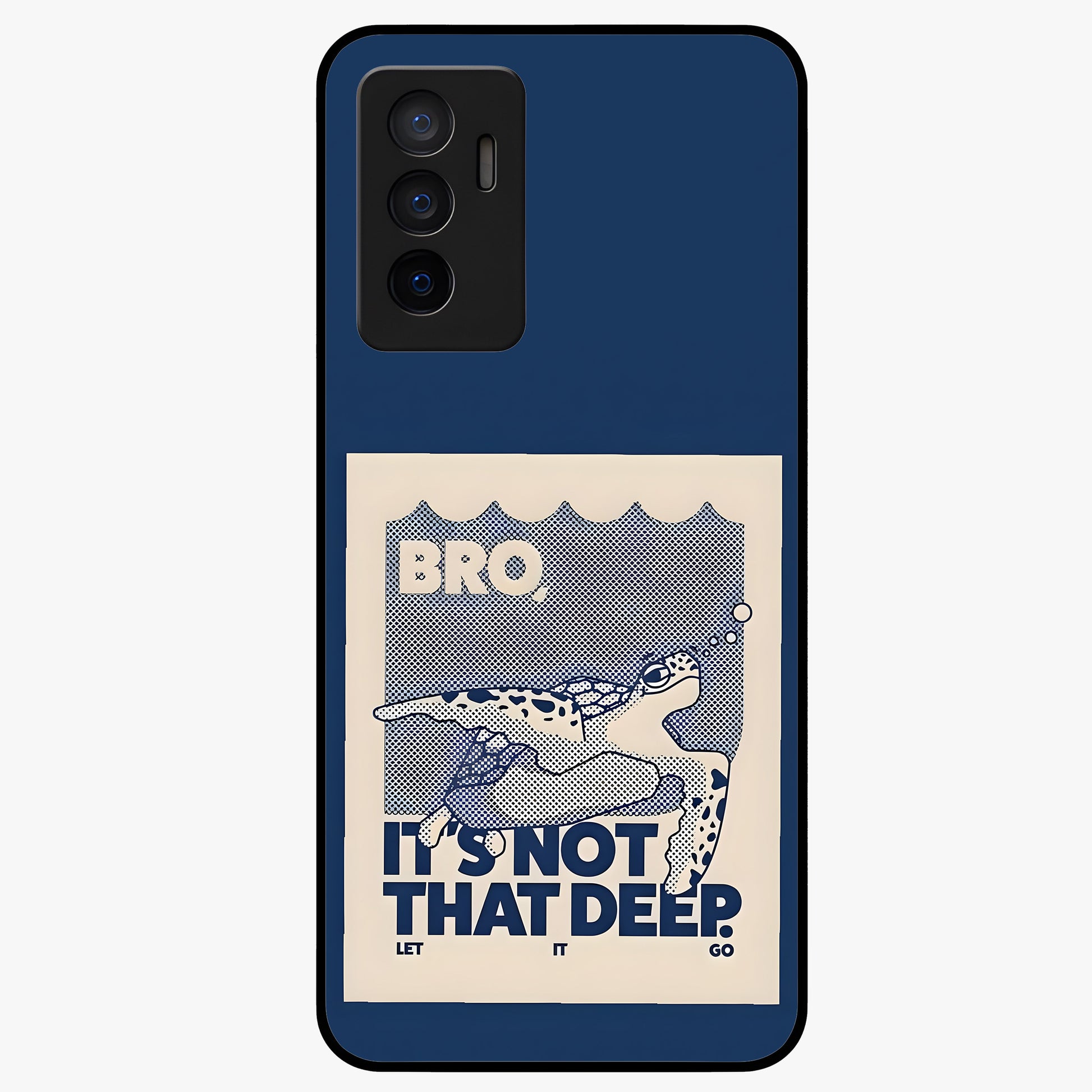 Worry Less Swim Glass Case showing flat back view with playful motivational artwork and glossy glass finish.