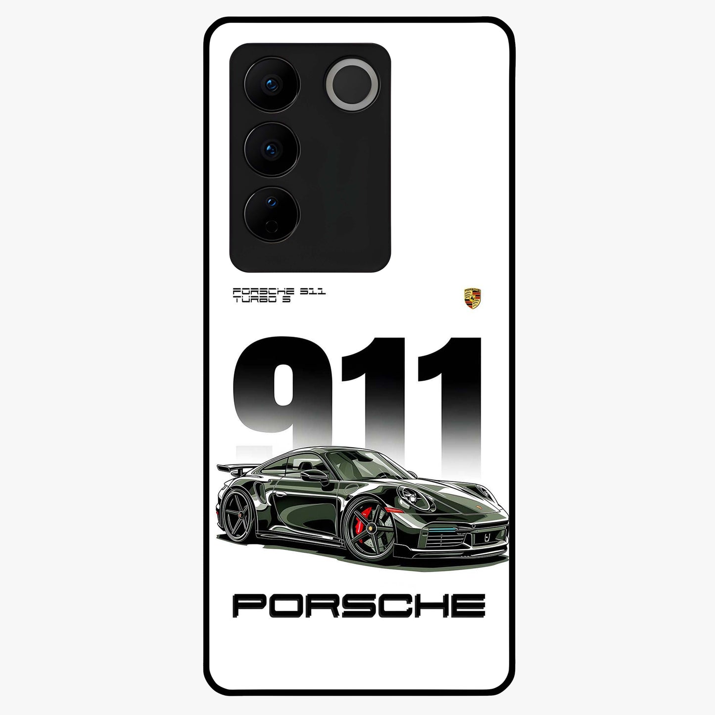 911 Turbo Dominance Glass Case showing clean flat back view with bold 911 sports car artwork and glossy glass finish.