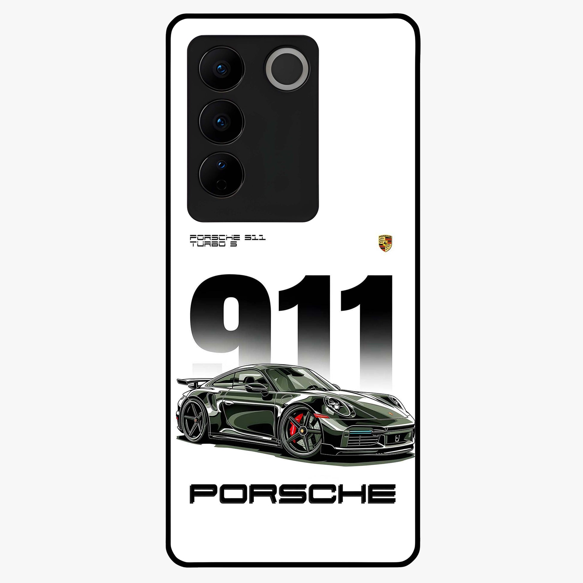 911 Turbo Dominance Glass Case showing clean flat back view with bold 911 sports car artwork and glossy glass finish.