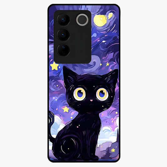 Abstract Cat Art Glass Case showing flat back view with artistic cat illustration and glossy glass finish.
