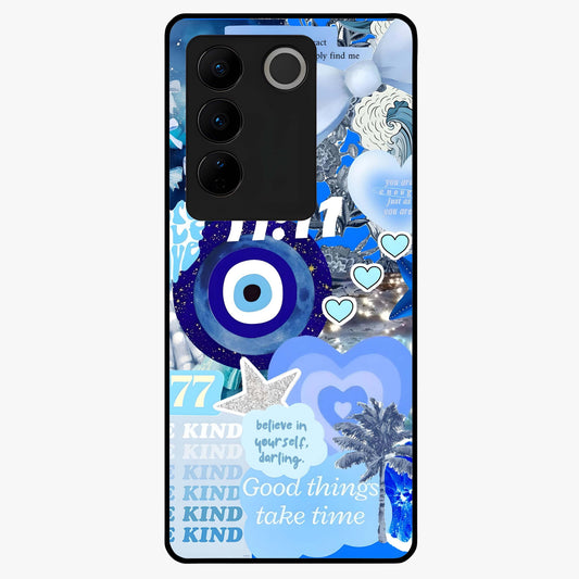 Aesthetic Be Kind Eye Glass Case showing flat back view with motivational eye artwork and glossy glass finish.