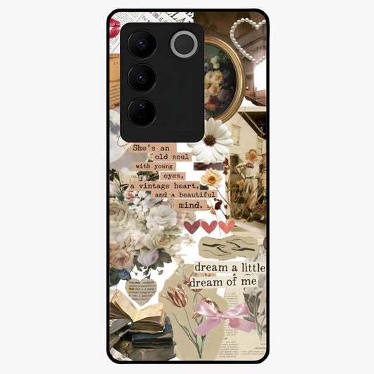 Aesthetic Brown Vintage Collage Glass Case showing flat back view with retro collage artwork and glossy glass finish.