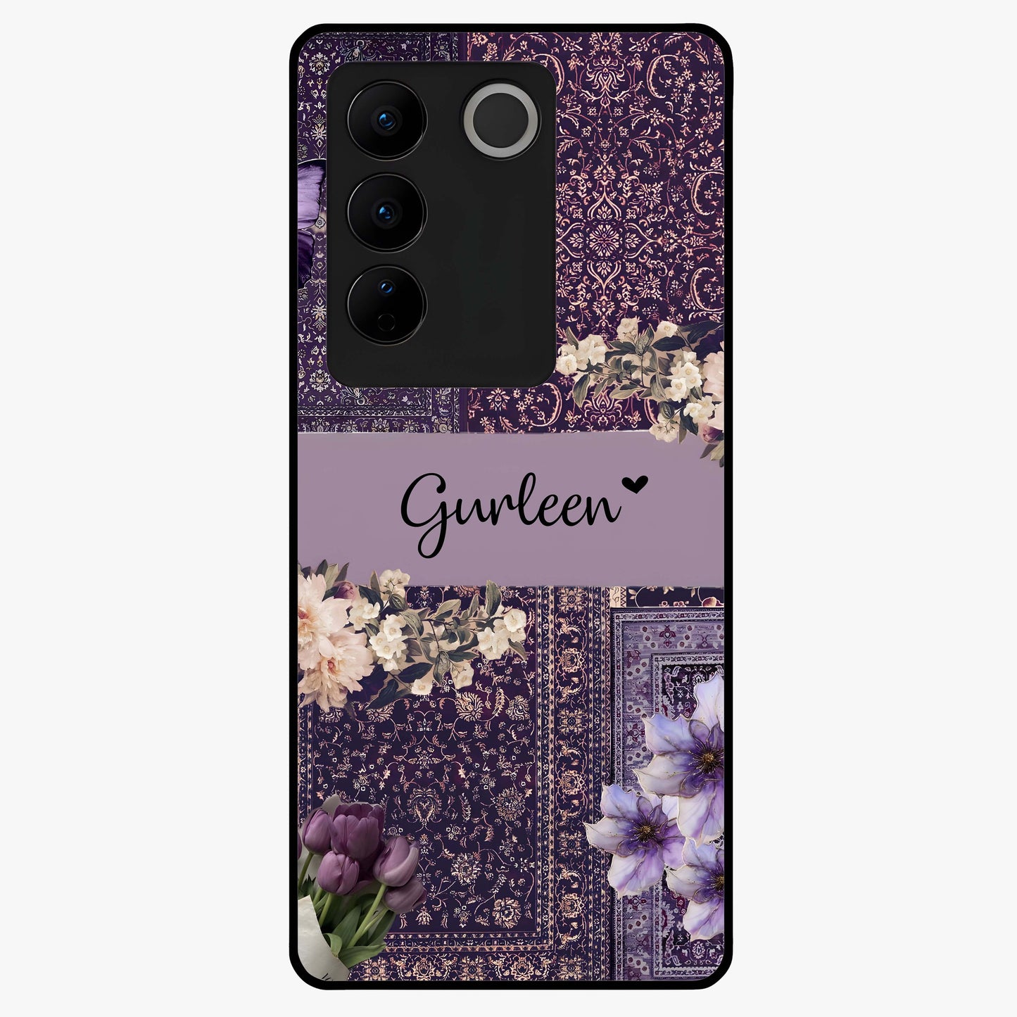 Antique Floral Whisper Custom Name Glass Case showing flat back view with vintage floral artwork and personalized name design.