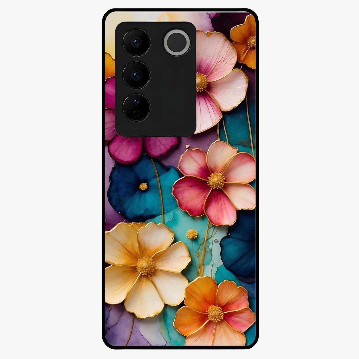 Artlyn Grace Flower Pattern Glass Case showing flat back view with elegant floral pattern artwork and glossy glass finish.