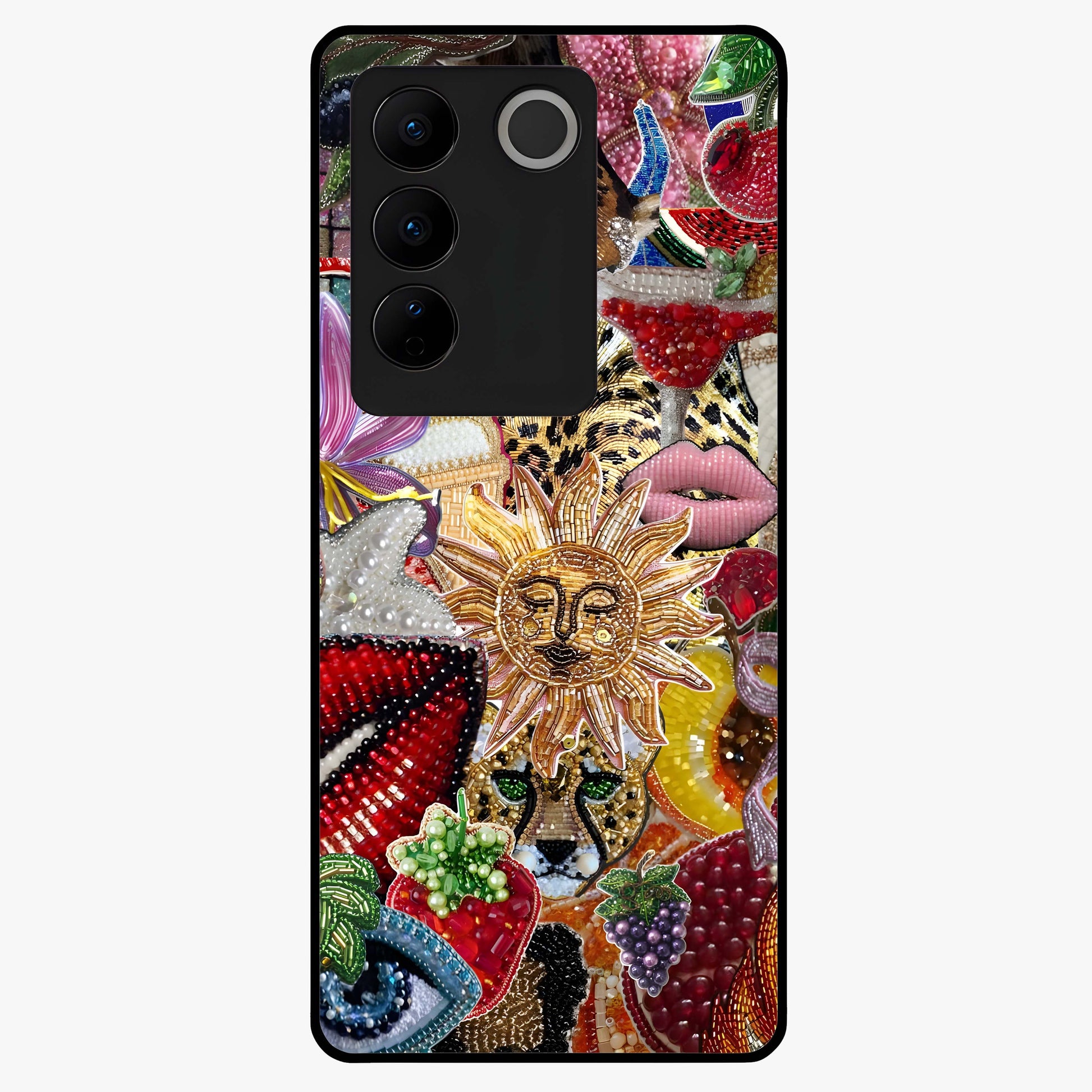 Beaded Fashion Jungle Glass Case showing flat back view with vibrant jungle inspired bead artwork and glossy glass finish.