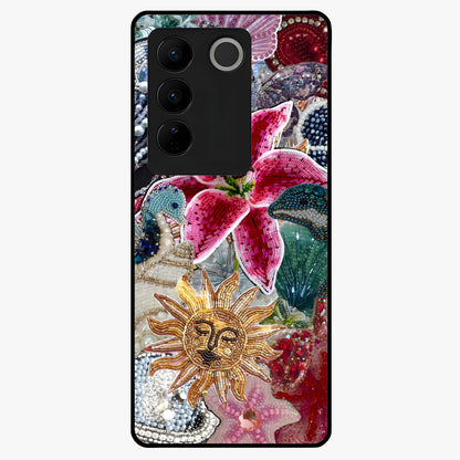 Beaded Garden Fantasy Glass Case showing flat back view with dreamy garden bead artwork and glossy glass finish.