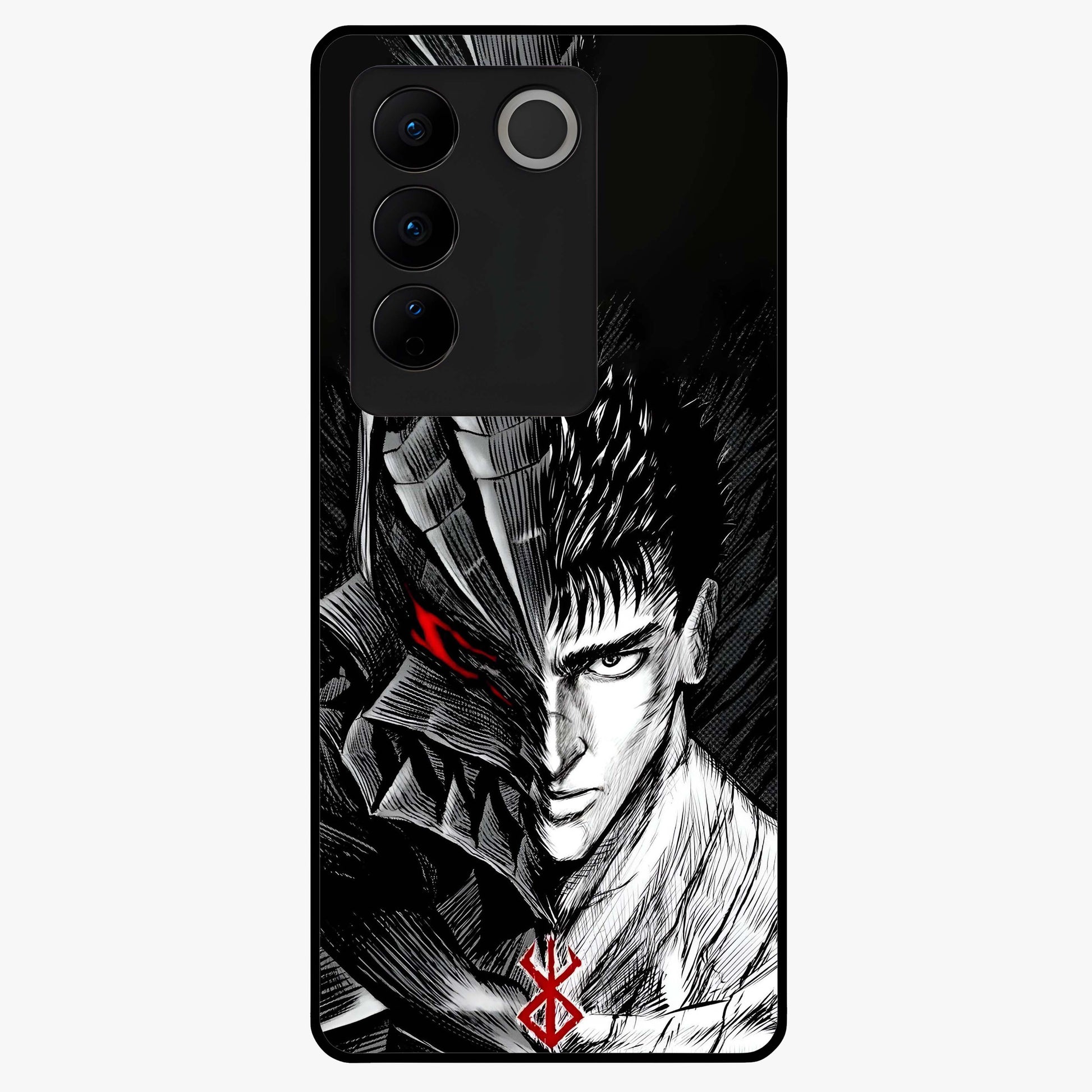 Berserker Blood Oath Glass Case showing flat back view with fierce warrior inspired artwork and glossy glass finish.