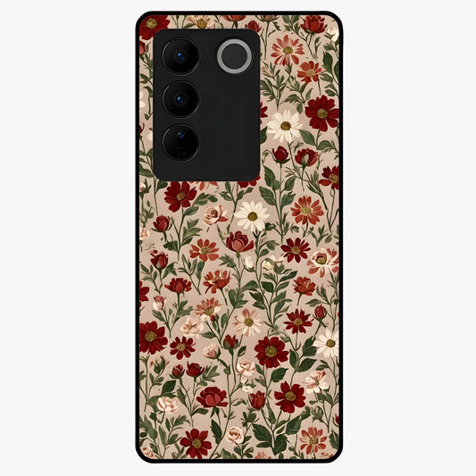 Biege Flower With Leaf Glass Case showing flat back view with soft beige floral artwork and glossy glass finish.