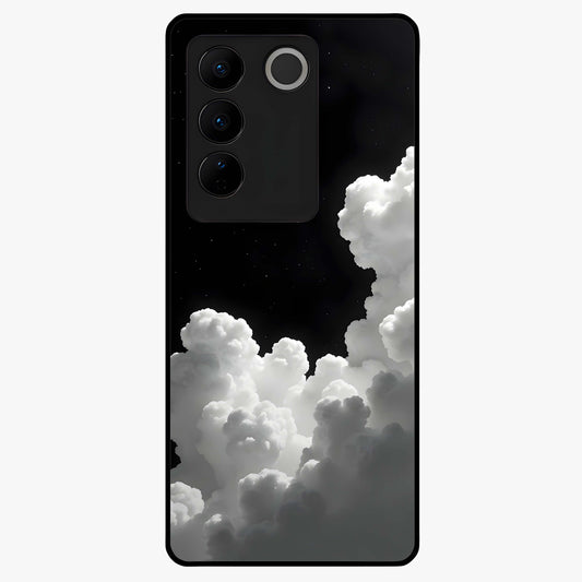 Black Background With White Cloud Glass Case showing flat back view with minimal cloud artwork on dark background and glossy glass finish.