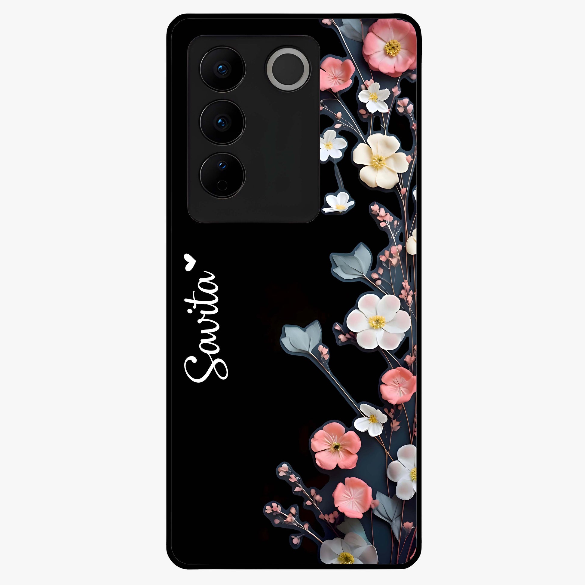 Black Elegance Floral Custom Name Glass Case showing flat back view with elegant floral artwork and personalized name design.