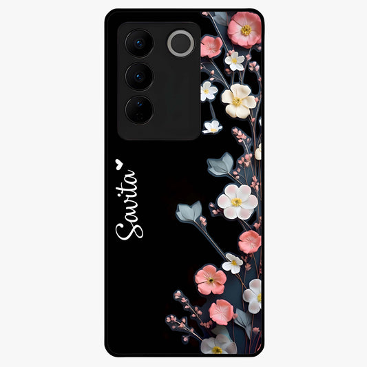 Black Elegance Floral Custom Name Glass Case showing flat back view with elegant floral artwork and personalized name design.